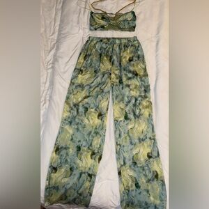 12th Tribe Green Marble Print Wide-Leg Pants and Crop Top Set